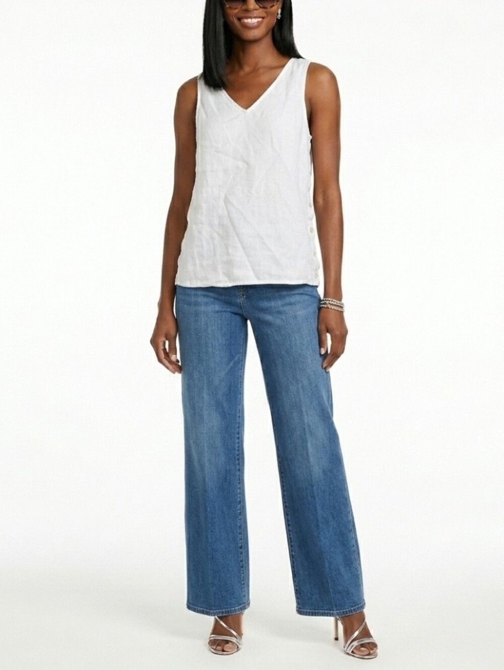 Isaac Mizrahi White V-Neck Sleeveless Linen Top